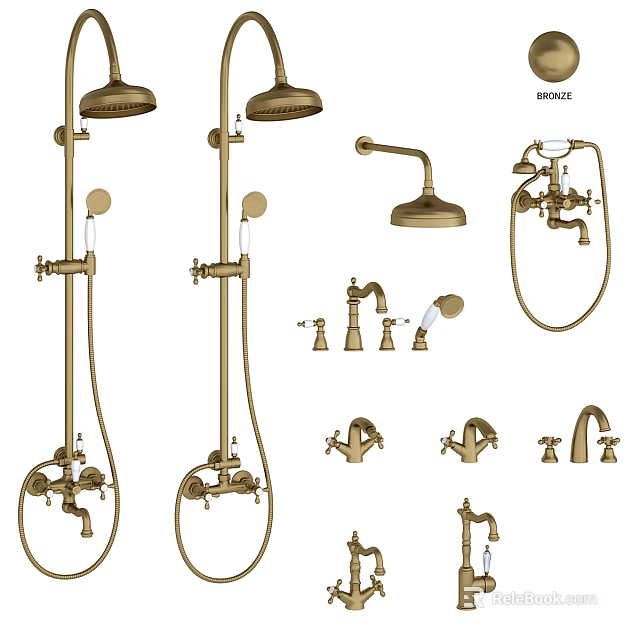Vintage Brass Shower Faucet Set With Rainfall Head Handheld Sprayer And Control Handles 3d model 