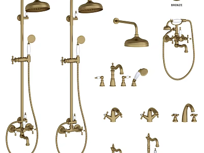 Vintage Brass Shower Faucet Set With Rainfall Head Handheld Sprayer And Control Handles 3d model
