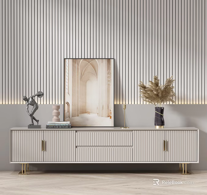 Modern White TV Stand with Gold Legs Drawers and Sculptures Books Painting on Striped Wall 3d model 