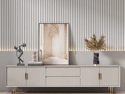 Modern White TV Stand with Gold Legs Drawers and Sculptures Books Painting on Striped Wall 3d model