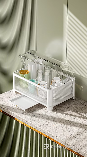 Modern Countertop Storage Organizer With Glass Cups Jar Containers And Transparent Lid 3d model 
