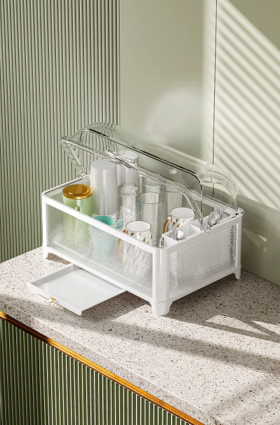 Modern Countertop Storage Organizer With Glass Cups Jar Containers And Transparent Lid 3d model