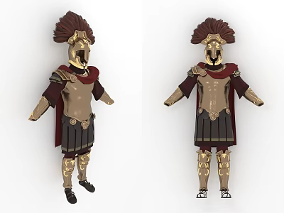 Two Ancient Warrior Characters In Decorative Armor With Plumed Helmets And Red Cloaks 3d model