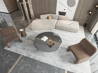 Modern Light Gray Sofa And Round Glass Coffee Table Set With Brown Chairs On Rug 3d model