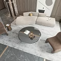 Modern Light Gray Sofa And Round Glass Coffee Table Set With Brown Chairs On Rug