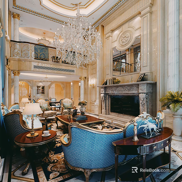 Luxurious Duplex Living Room Interior With Grand Chandelier Fireplace Blue Sofa And Decorative Furniture 3d model 