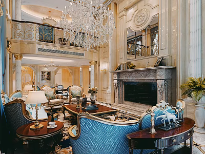 Luxurious Duplex Living Room Interior With Grand Chandelier Fireplace Blue Sofa And Decorative Furniture 3d model