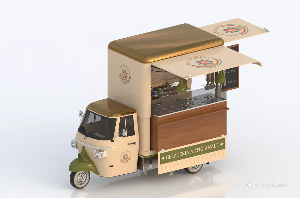 Stylish Beige Green Food Truck With Open Awning Wooden Counter Healthy Natural Design 3d model 