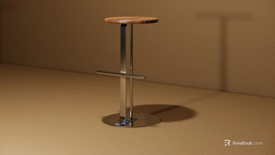 Modern Bar Stool Featuring Round Wooden Seat And Sleek Silver Metal Frame 3d model 