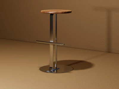 Modern Bar Stool Featuring Round Wooden Seat And Sleek Silver Metal Frame 3d model