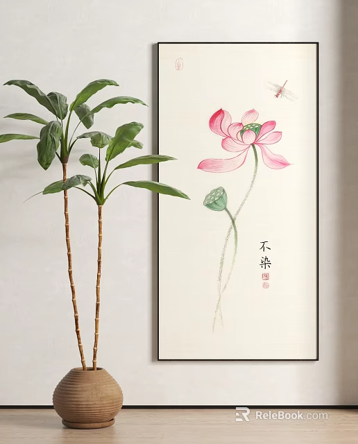 Chinese Ink Style Botanical Painting Featuring Pink Lotus Flower Dragonfly And Lotus Seed Pod 3d model 