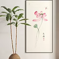 Chinese Ink Style Botanical Painting Featuring Pink Lotus Flower Dragonfly And Lotus Seed Pod
