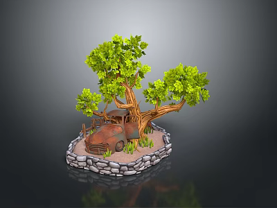 Green Leafy Tree with Old Red Car Surrounded by Stone Wall and Grass 3d model