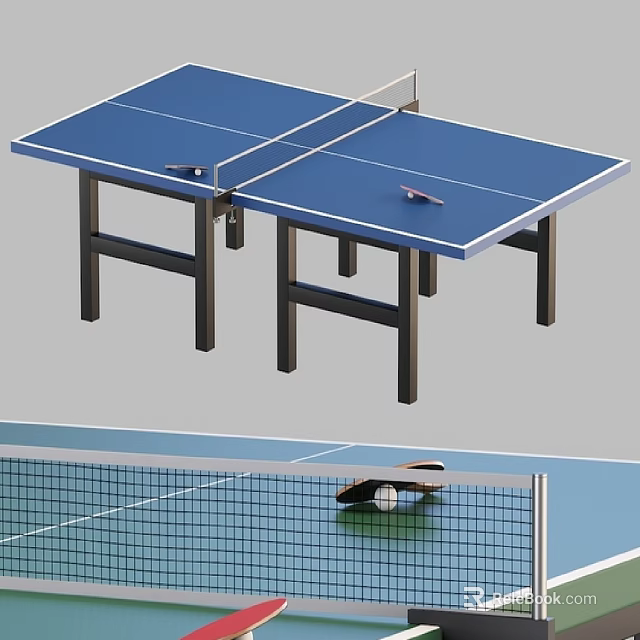 Sturdy Table Tennis Table Sports Equipment With Paddles And Ball On Net 3d model 
