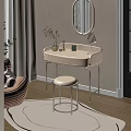 Cream Dressing Table With Chrome Legs Round Stool Vase Plants Mirror And Photo Frame
