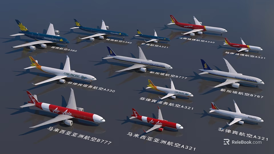 Passenger Planes From Different Airlines In Various Colors Lined Up For 3d model 