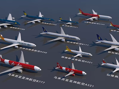 Passenger Planes From Different Airlines In Various Colors Lined Up For 3d model