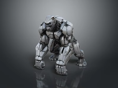 3D Rendered Silver Mechanical Gorilla Decorative Figurine With Metallic Texture And Crouching Posture 3d model