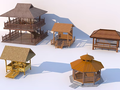 Various Traditional Wooden Pavilions And Huts Showcasing Different Roof Designs And Styles 3d model