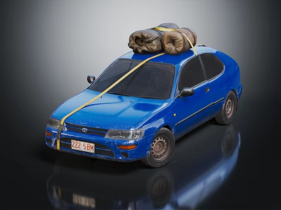 Blue Sedan Car With Luggage Tied On Roof Using Yellow Rope 3d model