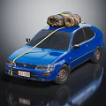 Blue Sedan Car With Luggage Tied On Roof Using Yellow Rope