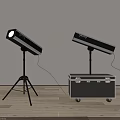 Spotlights on Tripod Stands with Wheeled Storage Case in Modern Interior and Light Shadows