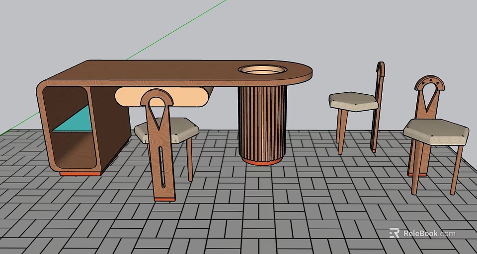 Modern Wooden Table And Chairs Set With Round Top And Cylindrical Base 3d model 