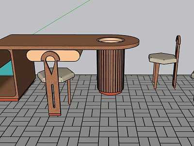 Modern Wooden Table And Chairs Set With Round Top And Cylindrical Base 3d model