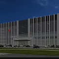Modern Office Building With Glass Facade Flag Parking Area And Green Exterior