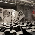 Artistic Interior Space With Black And White Checkerboard Floor Geometric Ceiling And Clock Decorations