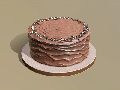 Delicious Chocolate Cake With Ruffled Frosting Topped With Chocolate Sprinkles On Round Plate 3d model