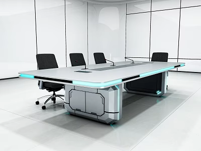 Modern Conference Table With Black Ergonomic Chairs Blue LED Lighting In Sleek White Meeting Room 3d model