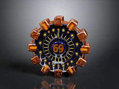 Industrial Metal Gate With Round Orange Structure Yellow Accents And Number 69 Design 3d model