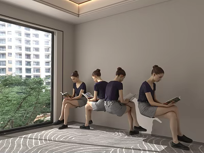 Study Room Interior With Women Reading Books By Large Window Scenic View And Patterned Carpet 3d model