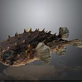 Spiky Brown Striped Porcupine Fish with Large Eyes and Light Fins on Dark Reflective Surface