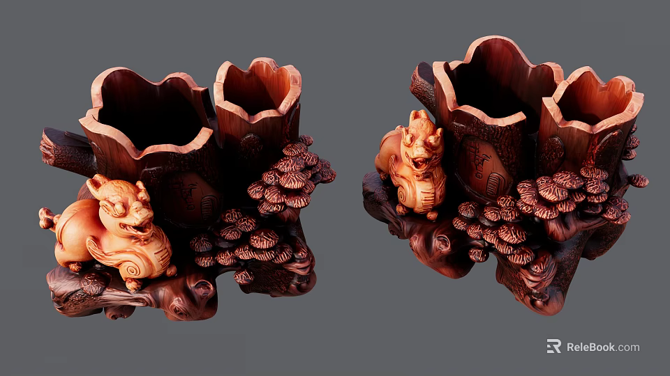 Intricate Wooden Carving Pen Holders With Animal Sculptures And Mushroom Decorations 3d model 