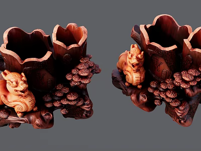 Intricate Wooden Carving Pen Holders With Animal Sculptures And Mushroom Decorations 3d model