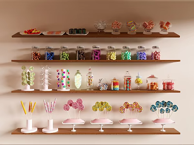 Colorful Candies Display On Wooden Shelves With Jars Lollipops Small Decorations And Sweet Treats 3d model