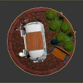 Blue And White Volkswagen Van With Orange Roof Rack Street Lamp Bench Green Bushes