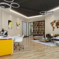Modern Public Office Workspace With Open Desks Computers Green Plants Pendant Lights And Floor-to-Ceiling Windows