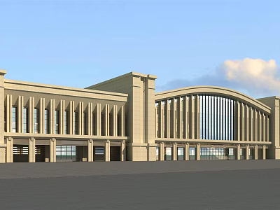 Beige Classical Public Building With Symmetrical Design Arched Entrance Columns And Blue Sky 3d model