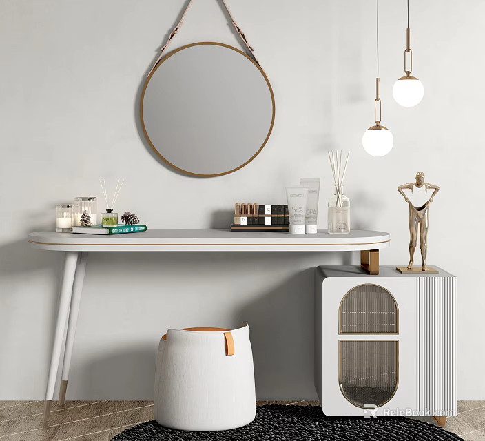 Modern Dressing Table with Round Mirror Hanging Lights Cosmetics and Decorative Stool 3d model 