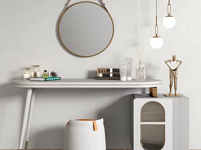 Modern Dressing Table with Round Mirror Hanging Lights Cosmetics and Decorative Stool 3d model