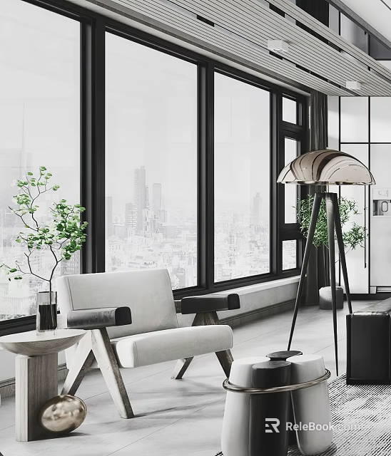 Stylish Accent Chair by Large Windows with City View Green Plant and Floor Lamp 3d model 