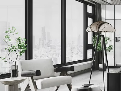 Stylish Accent Chair by Large Windows with City View Green Plant and Floor Lamp 3d model