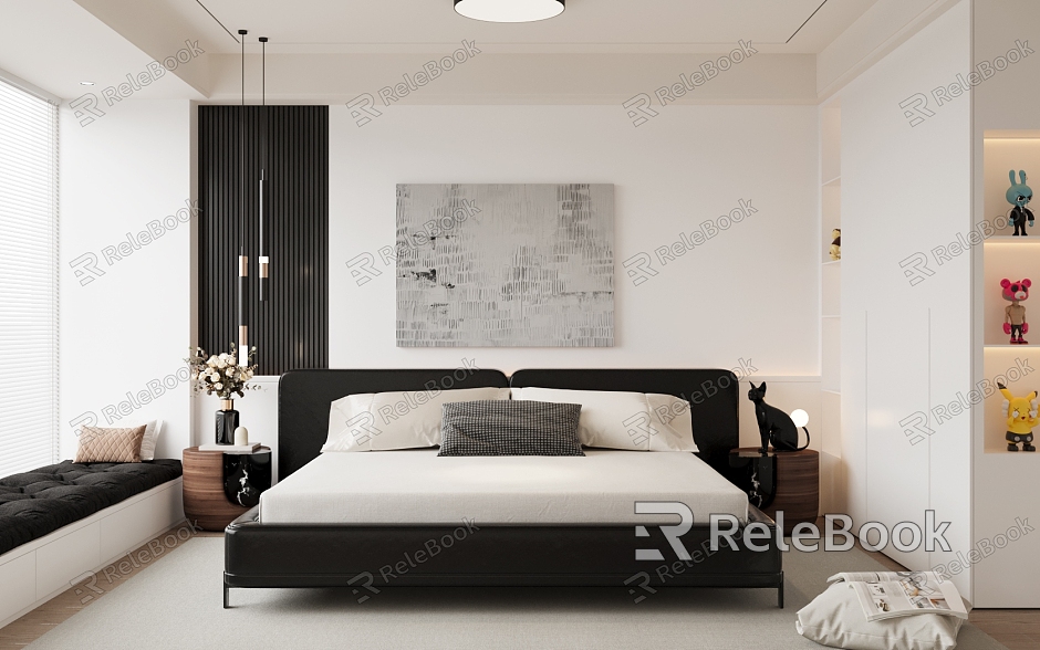 Minimalist Home Bedroom Black and White Bedroom Master Bedroom Double Bed Ceiling Lamp model