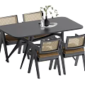 Black Rectangular Dining Table Set Featuring Woven Backrest Chairs and Decorative Vase 3d model