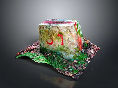 Ancient Stone Architectural Structure With Moss Covered Surface Red Markings And Green Plant Surroundings 3d model