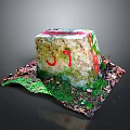 Ancient Stone Architectural Structure With Moss Covered Surface Red Markings And Green Plant Surroundings