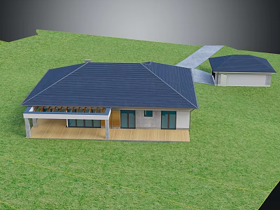 Detached Villa With Dark Blue Roof Large Windows Wooden Porch Green Lawn Pathway 3d model